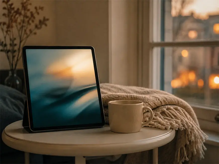 Pencere kenarında tablet ve battaniye